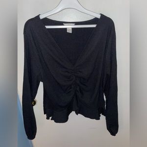 H&M Black Blouse with Ruching & Frill Detailing (Size Large)
